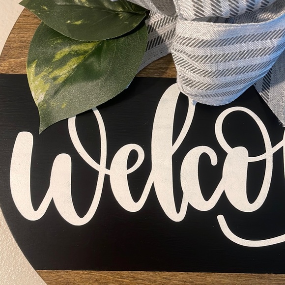 Hand Crafted Welcome Sign Wooden Hanging Sign with Bow and Greenery - Picture 3 of 5